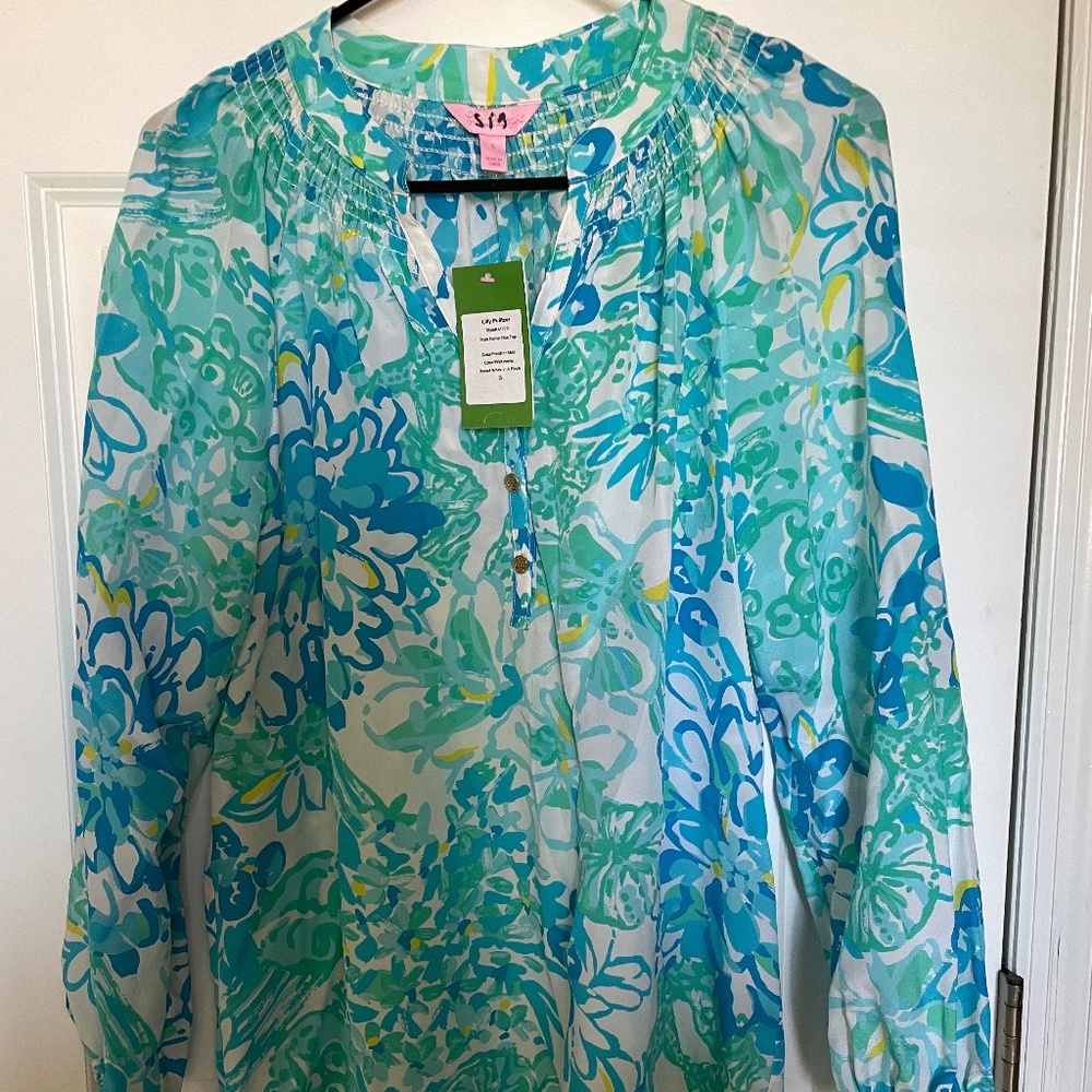 Lilly Pulitzer Elsa Silk Blouse with Pom Poms Size S